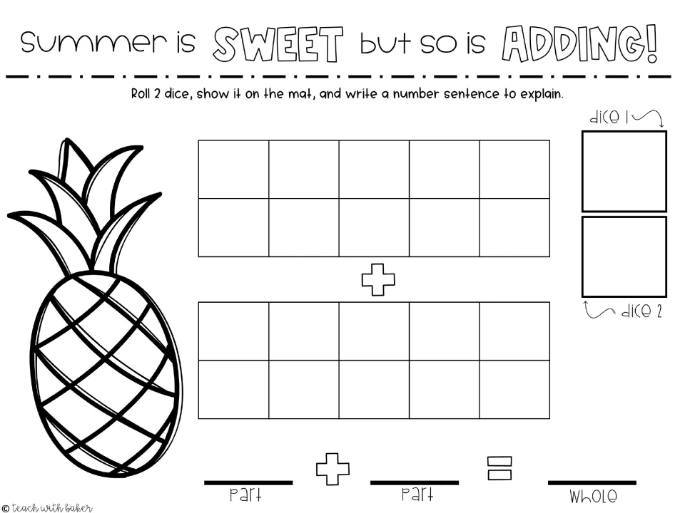Summer is Sweet but so is Adding: students roll 2 dice, show them on ten frames and write part + part = whole