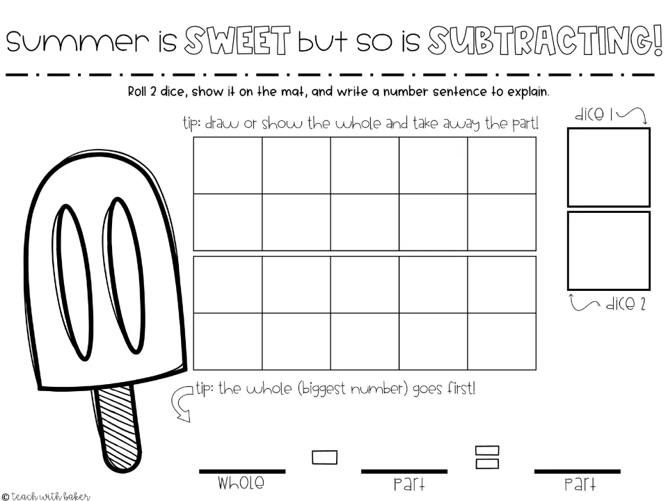 Summer is Sweet but so is Subtracting: roll 2 dice, take away the part on ten frames, tips say the whole goes first