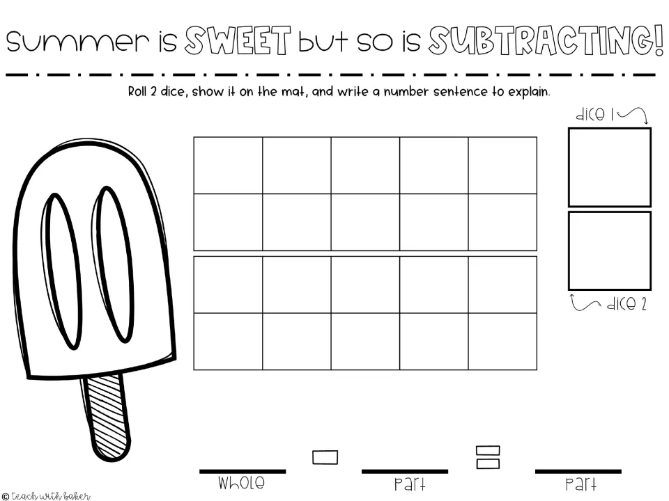 Popsicle subtracting mat: students roll 2 dice, model on ten frames and write whole minus part equals part, no tips