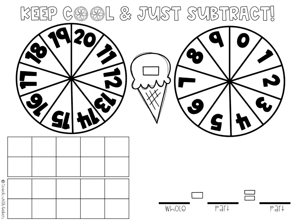 Ice cream subtraction spinners 11-20 and 0-9: students spin, show the whole on ten frames and fill in whole - part = part