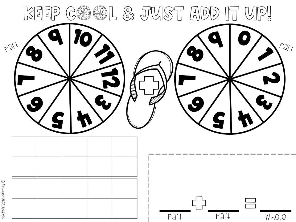 Keep Cool & Just Add It Up: spin parts from 3-12 and 0-9, build the sum on ten frames and write part + part = whole