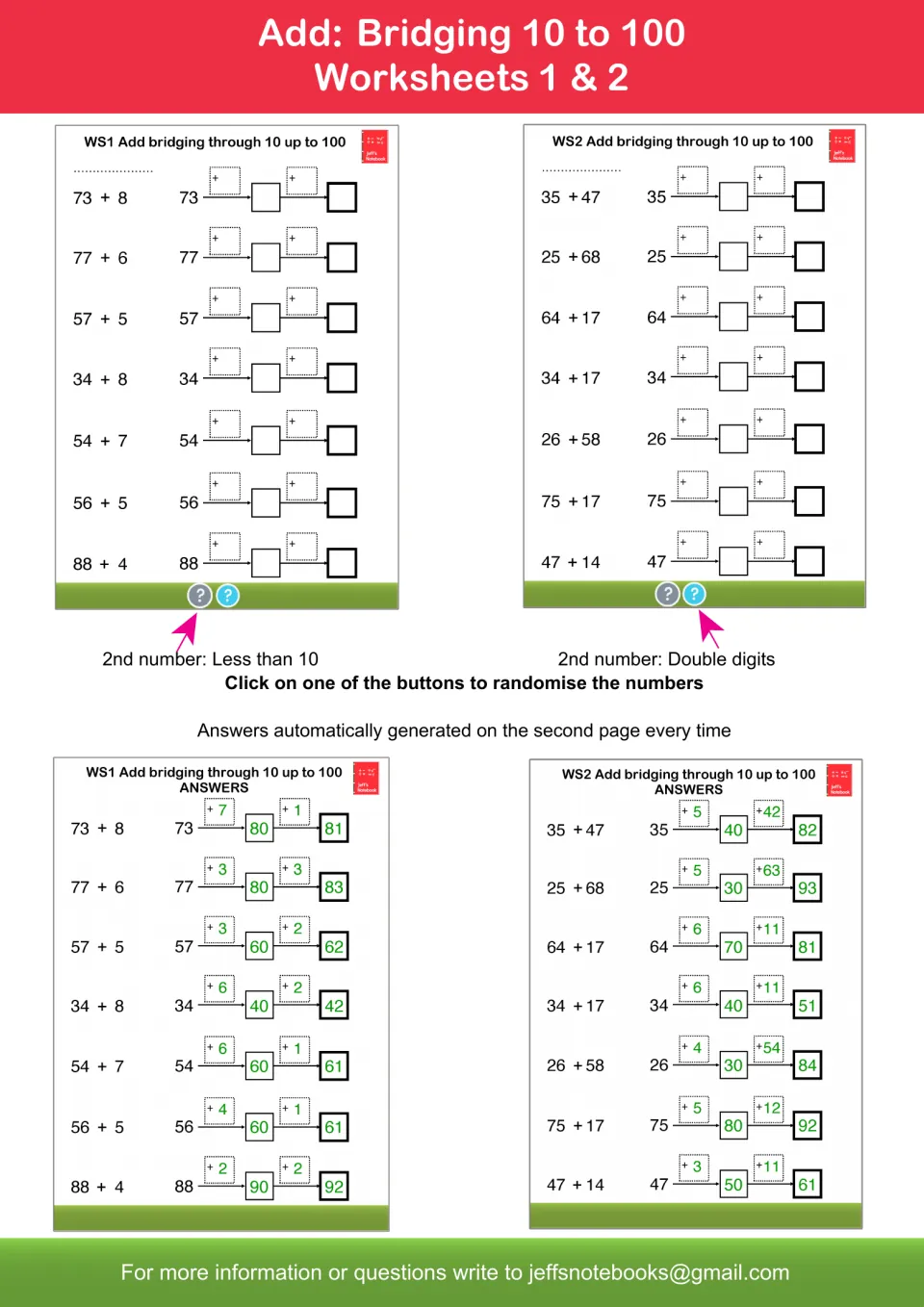 Bridging 10 to 100, Worksheets 1 & 2: add a single digit or two digits via the next ten, with sample answer pages