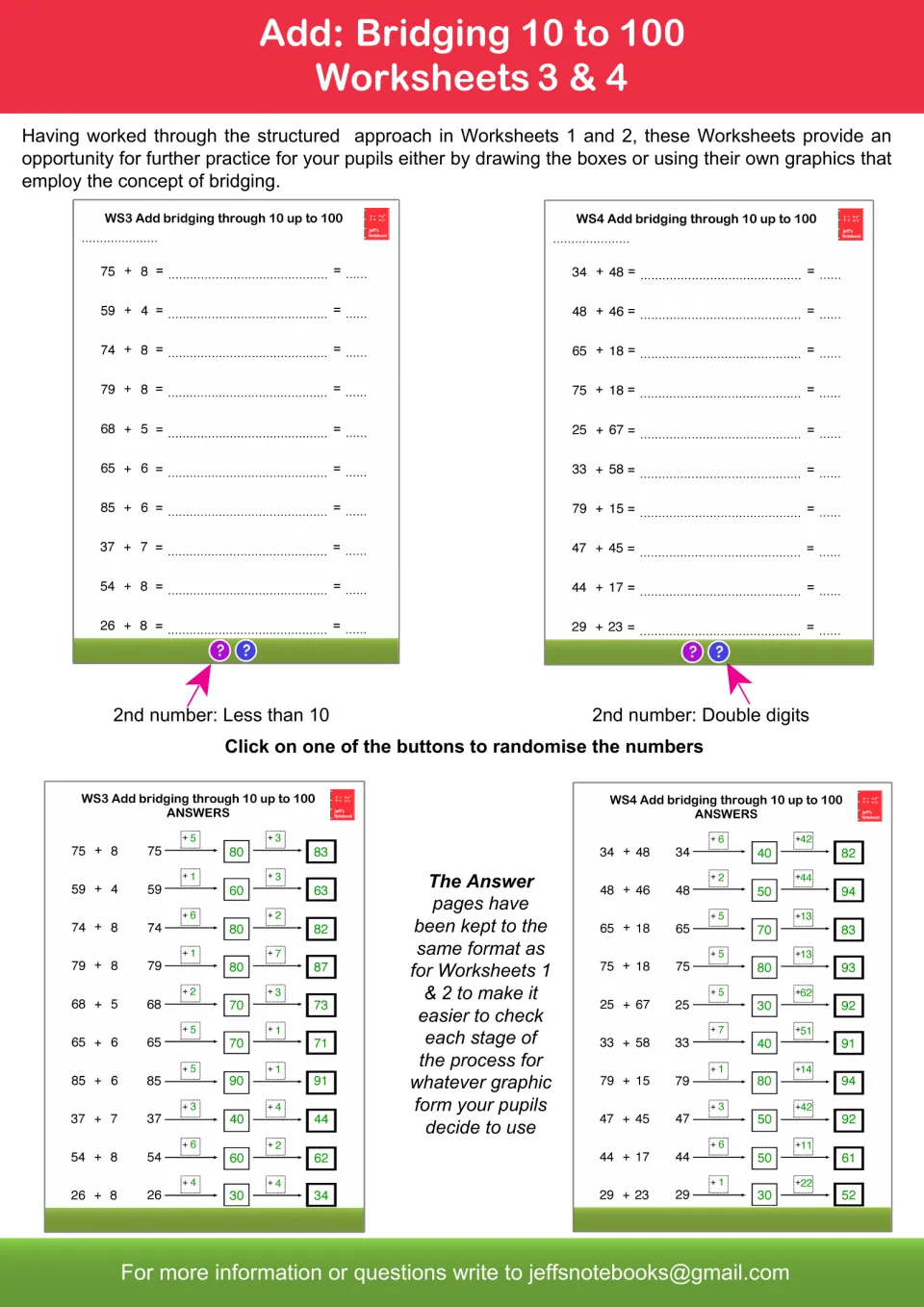 Worksheets 3 & 4: write-your-own bridging steps for sums like 75 + 8 and 34 + 48, shown with stepwise answer pages