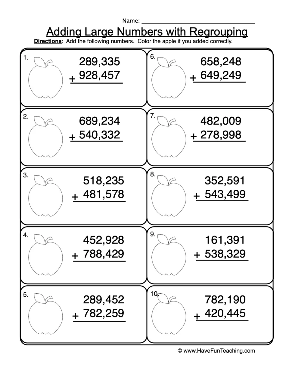 Addition practice: 10 six-digit regrouping problems, including 289,335 + 928,457, with apples to color