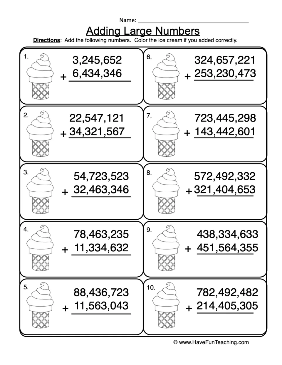 Addition practice sheet: 10 problems without regrouping, starting with 3,245,652 + 6,434,346