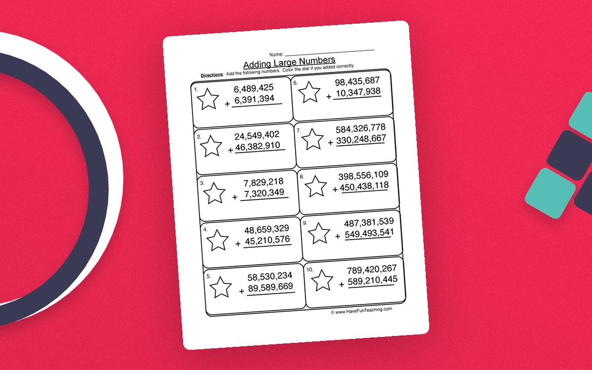 Adding Large Numbers worksheet with ten star-framed million-scale problems