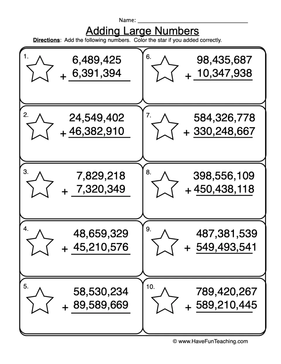 Adding Large Numbers: students solve 10 addition problems with regrouping into the millions, then color a star if correct