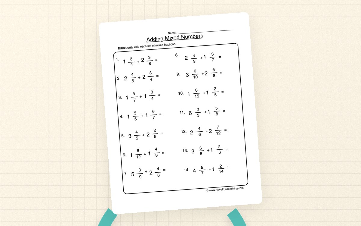 Mixed-number addition worksheet with fourteen numbered calculations arranged in two columns.