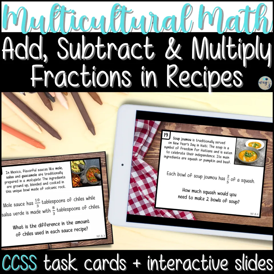 Multicultural Math cover: fraction recipe task cards and interactive slides, with Mexican sauce and Haitian soup cards