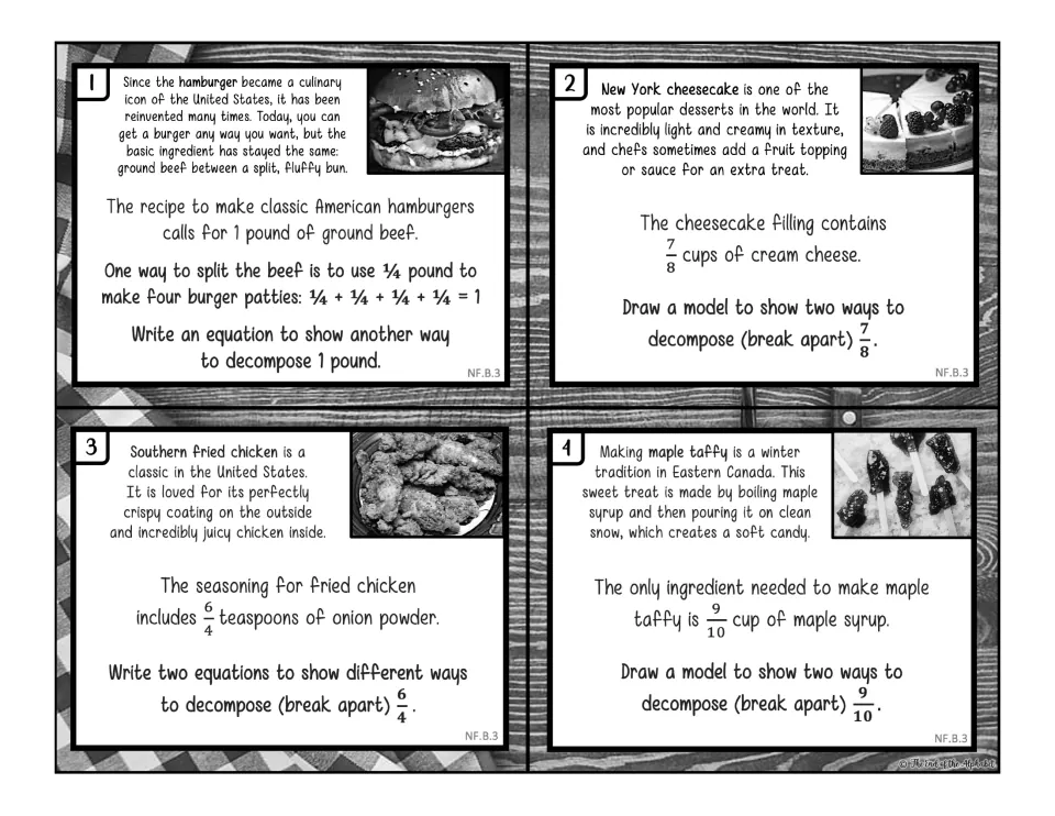 Decomposing fractions, black-and-white cards 1-4: hamburger beef, cheesecake cream cheese, chicken seasoning, maple taffy