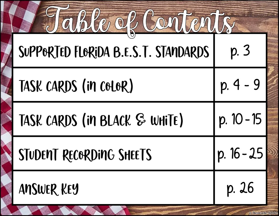 Table of contents giving page numbers for color and black-and-white task cards, student recording sheets and the answer key