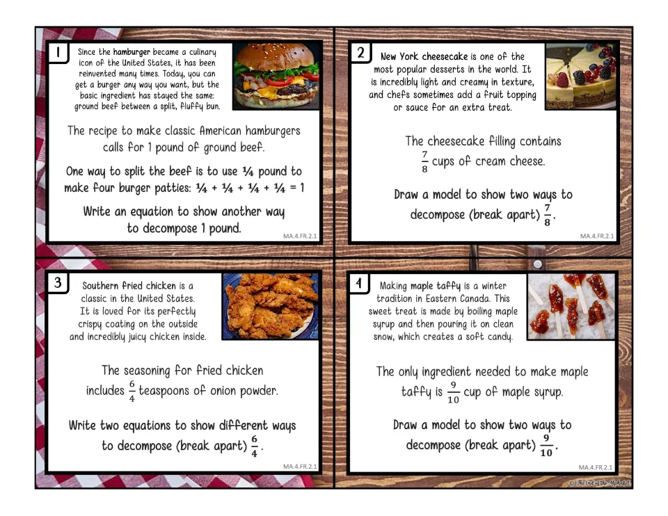 Decomposing fractions, cards 1-4: students break apart 1, 7/8, 6/4 and 9/10 with models or equations in recipe problems