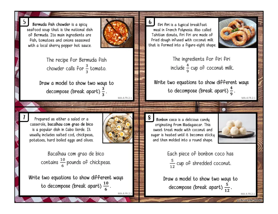 Decomposing fractions, cards 5-8: students draw models or write equations to break apart 3/3, 4/9, 10/6 and 5/12
