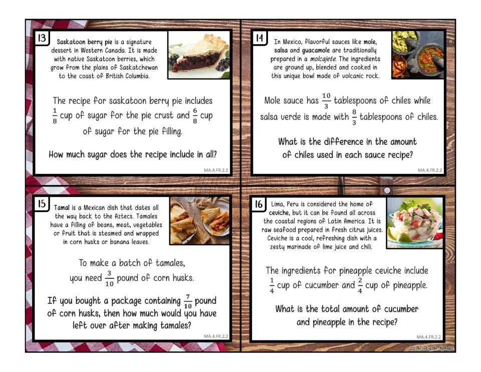 Adding and subtracting like fractions, cards 13-16: totals and differences for pie sugar, chiles, corn husks and ceviche