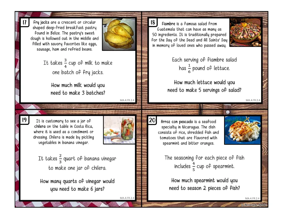 Multiplying a fraction by a whole number, cards 17-20: scaling milk, lettuce, vinegar and spearmint in recipes