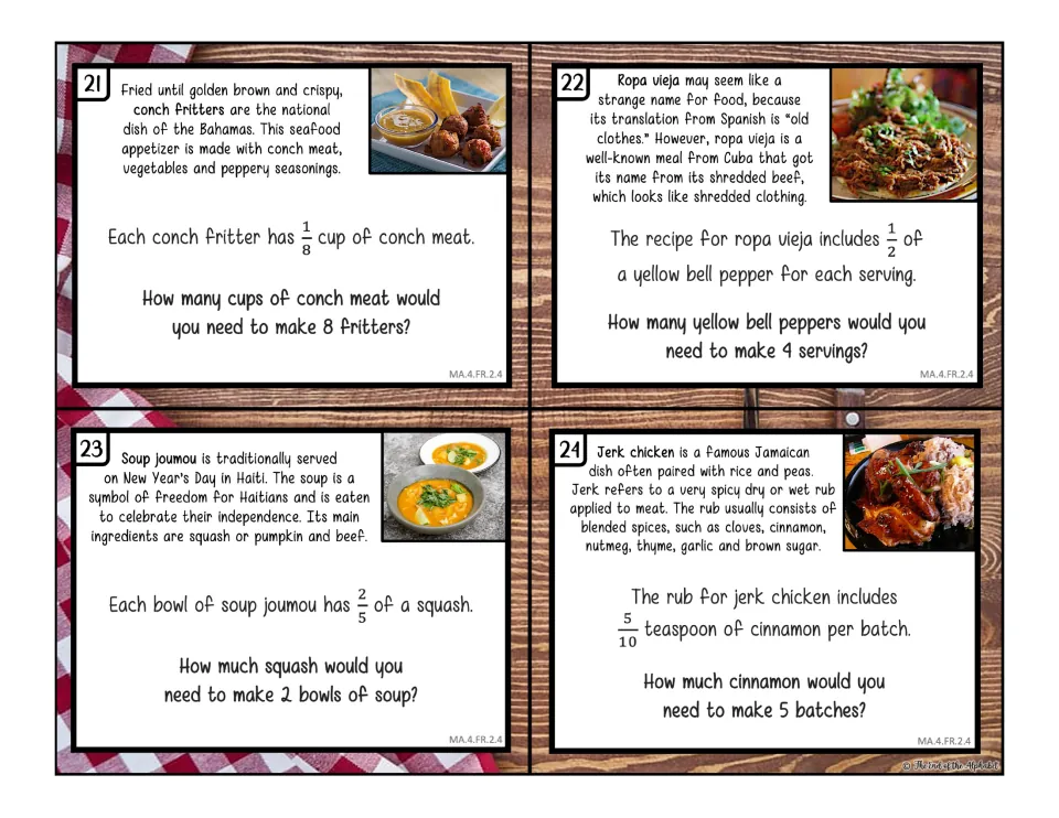 Fraction times whole number, cards 21-24: conch fritters, ropa vieja, soup joumou and jerk chicken ingredient amounts