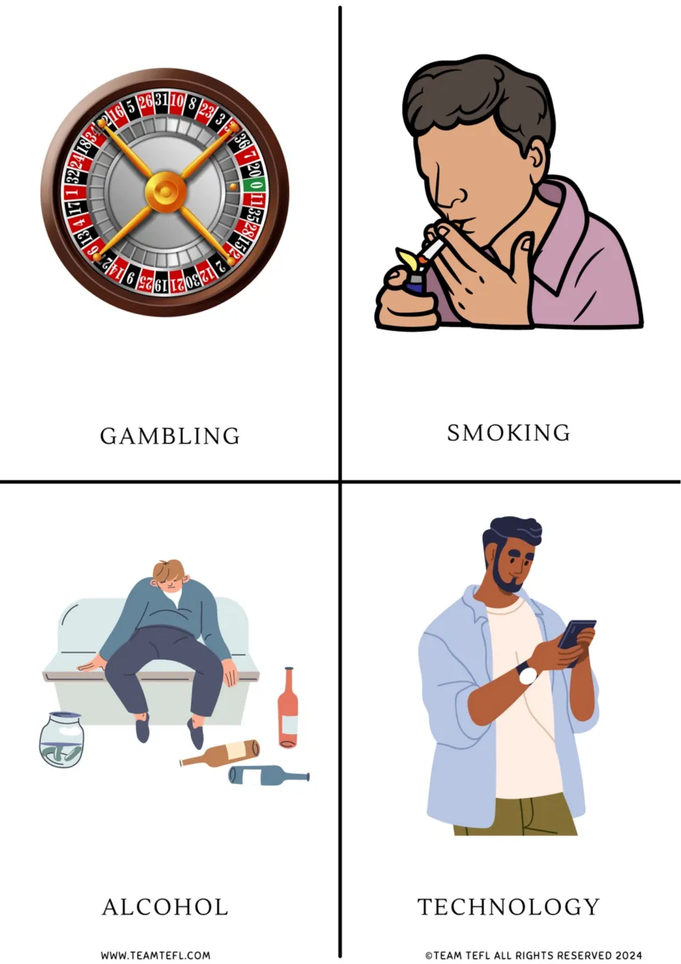 Addiction-topic flashcards 1–4: gambling, smoking, alcohol, and technology, each labeled and illustrated