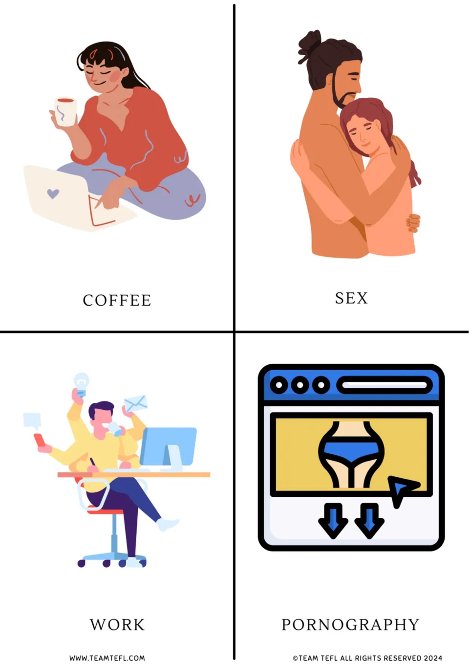 Addiction-topic flashcards 5–8: coffee, sex, work, and pornography, each shown with a labeled illustration