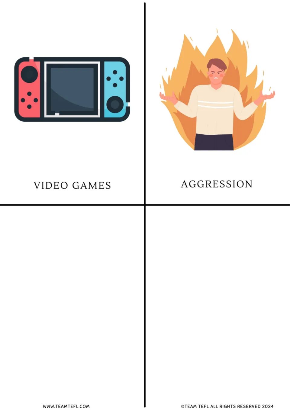 Addiction-topic flashcards 9–10: video games with a handheld console and aggression with an angry person