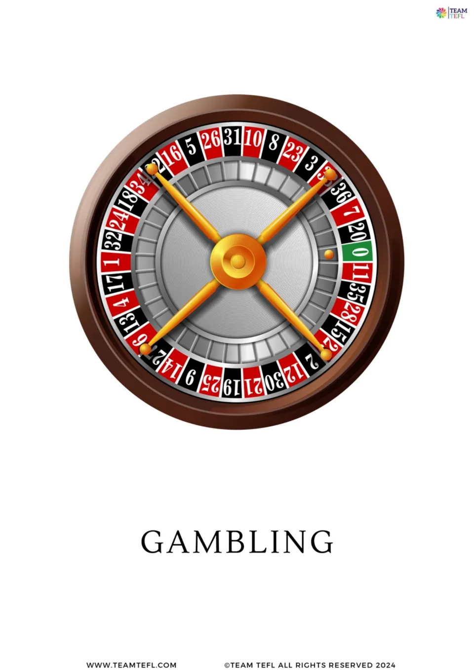 Enlarged gambling flashcard from the addiction-topic set, showing a roulette wheel and the label GAMBLING