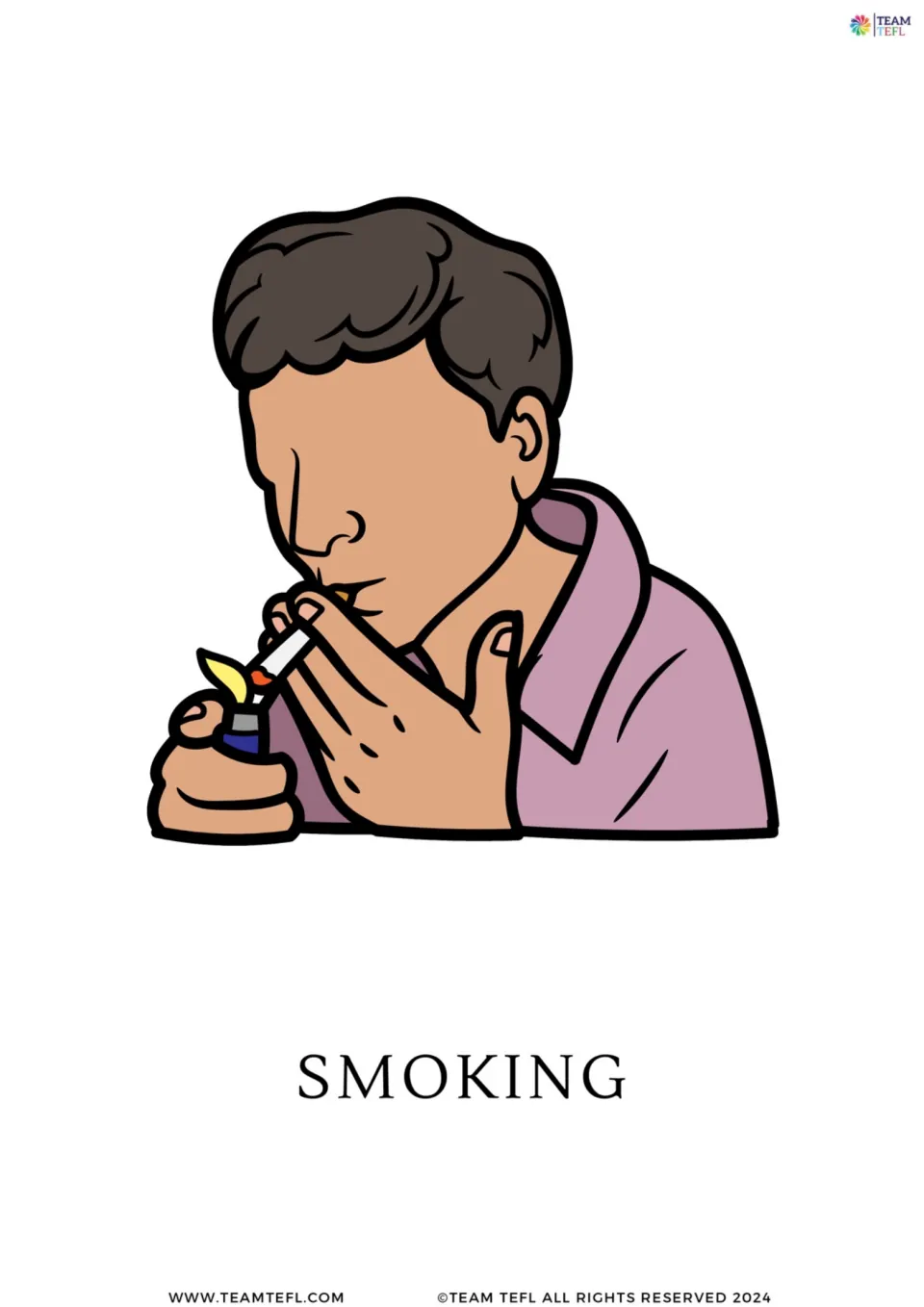 Enlarged smoking flashcard from the addiction-topic set, showing a person lighting a cigarette, labeled SMOKING