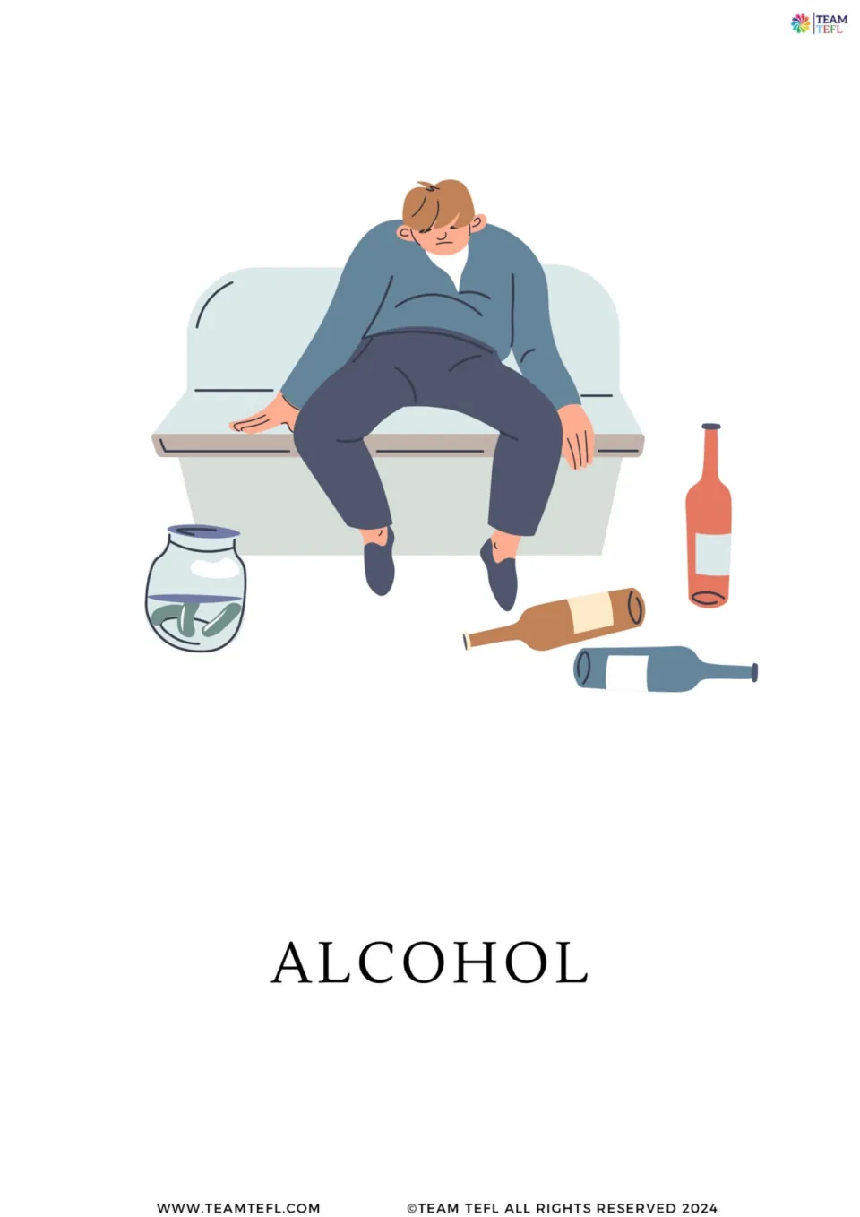 Enlarged alcohol flashcard from the addiction-topic set, showing a slumped person and bottles, labeled ALCOHOL