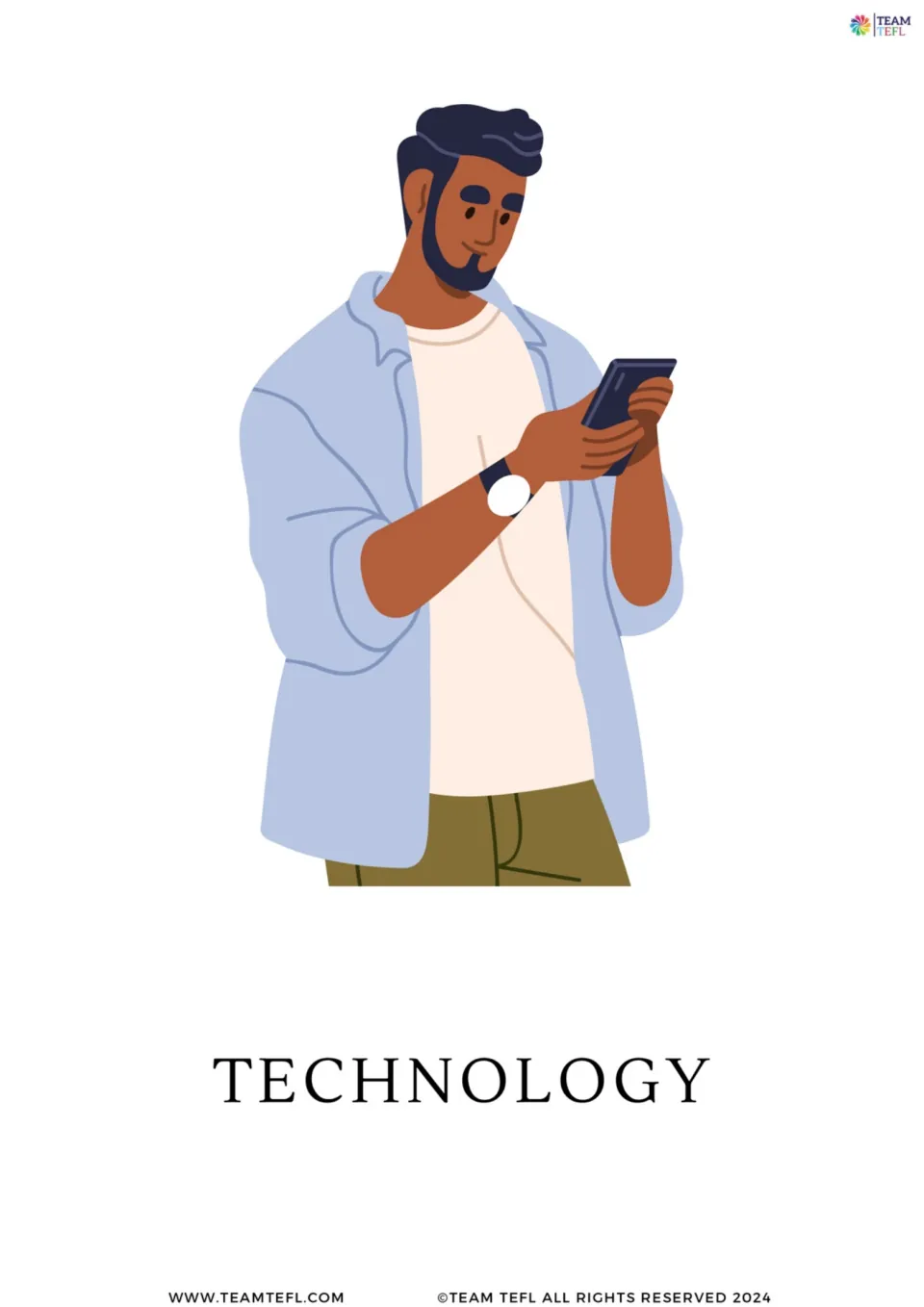 Enlarged technology flashcard from the addiction-topic set, showing a person using a phone, labeled TECHNOLOGY