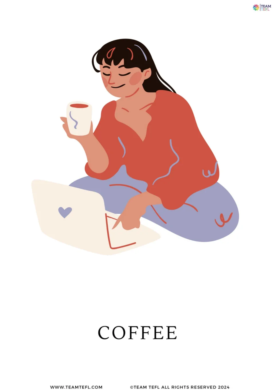 Enlarged coffee flashcard from the addiction-topic set, showing a person holding a cup by a laptop, labeled COFFEE