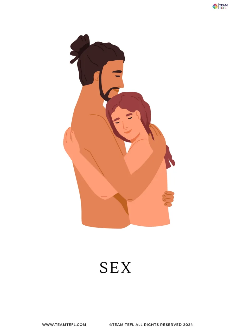 Enlarged sex flashcard from the addiction-topic set, showing two people embracing above the label SEX