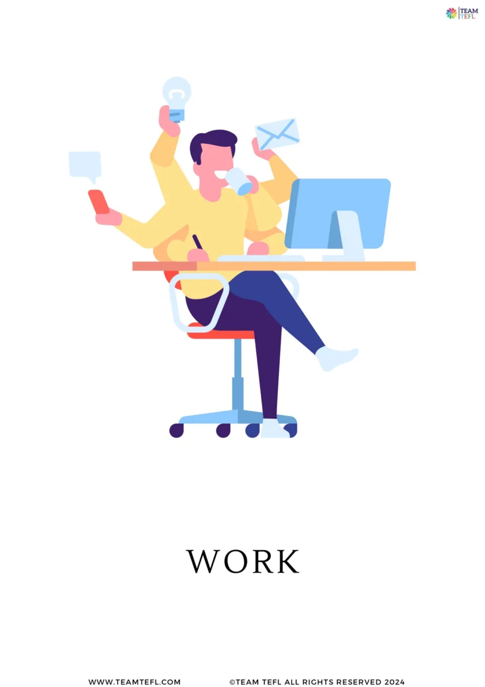 Enlarged work flashcard from the addiction-topic set, showing a person multitasking at a desk, labeled WORK
