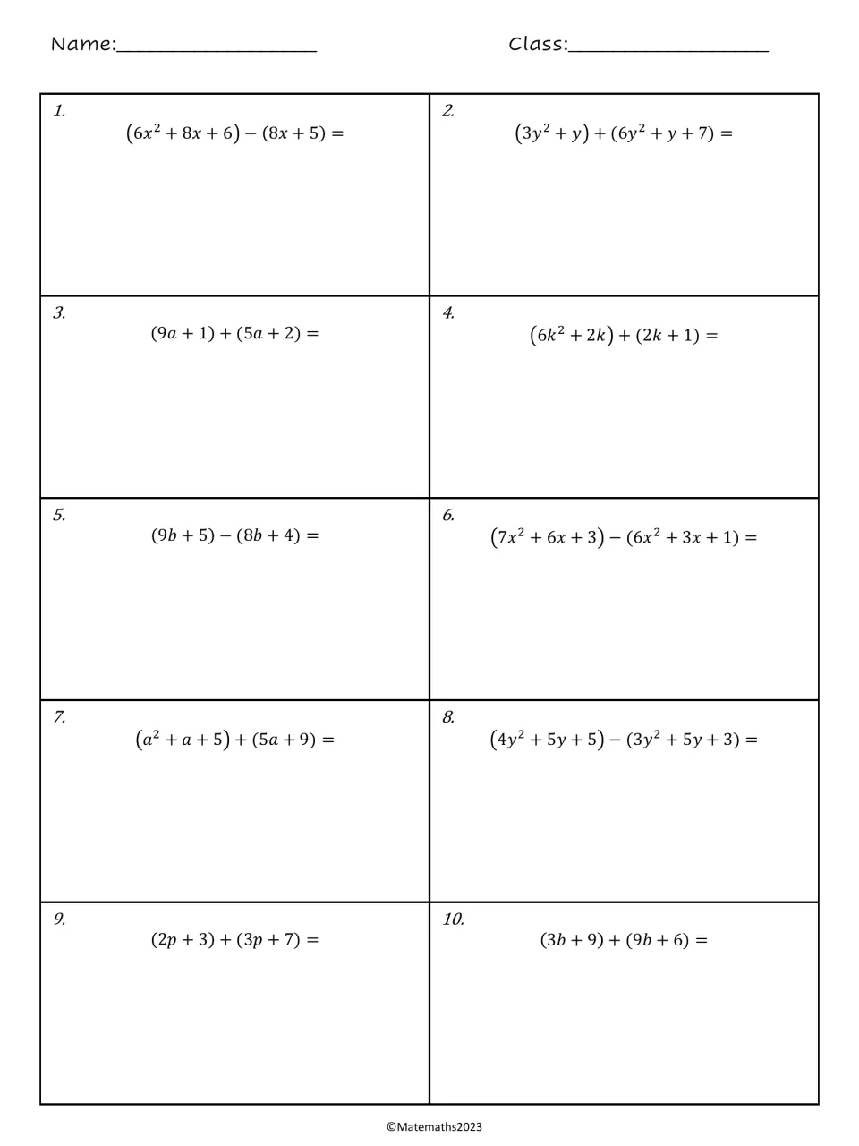 Adding and subtracting polynomials, problems 1-10: students combine like terms, e.g. (6x^2+8x+6)-(8x+5) and (9a+1)+(5a+2)