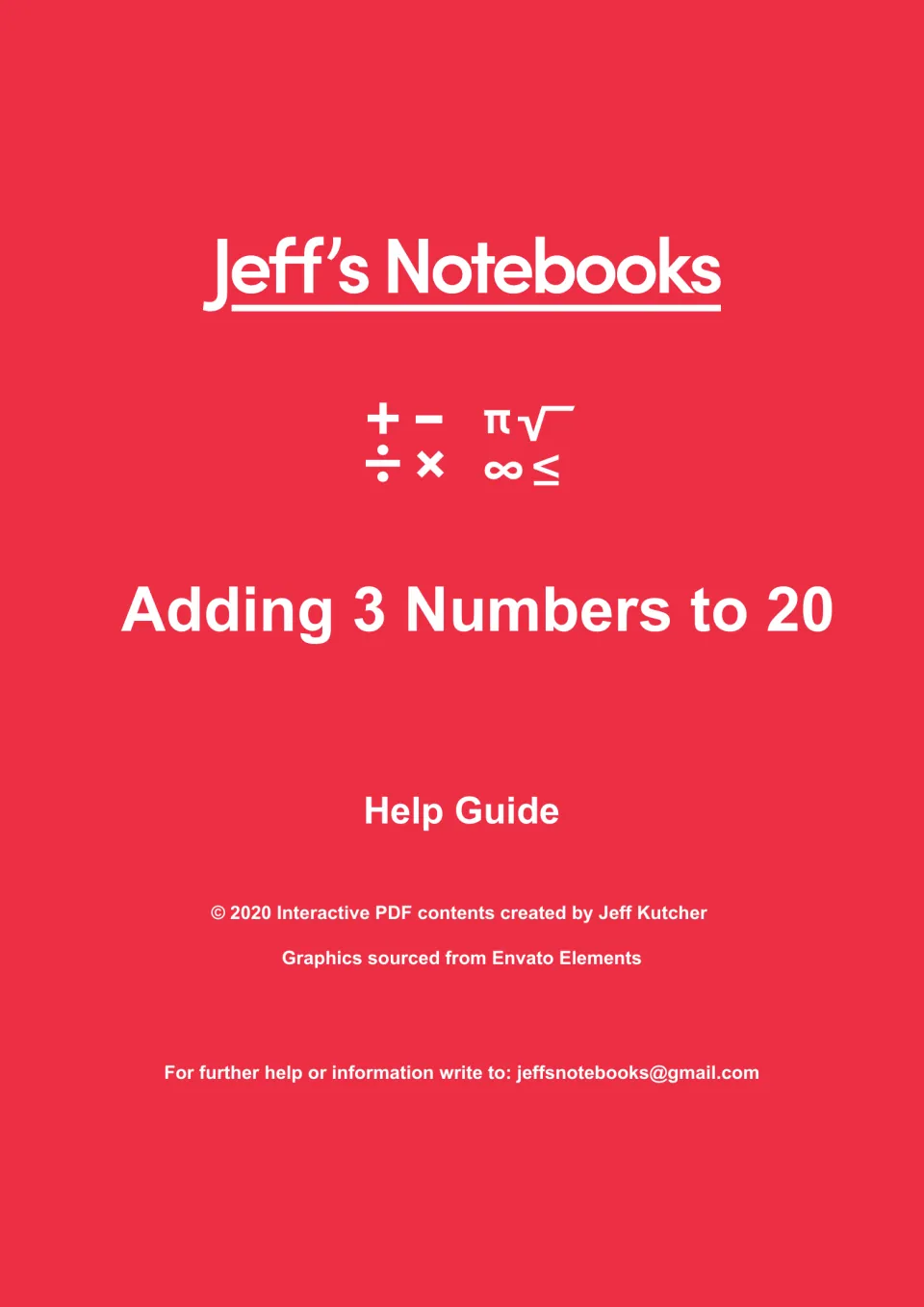 Help guide cover for Adding 3 Numbers to 20, identifying Jeff’s Notebooks and creator Jeff Kutcher
