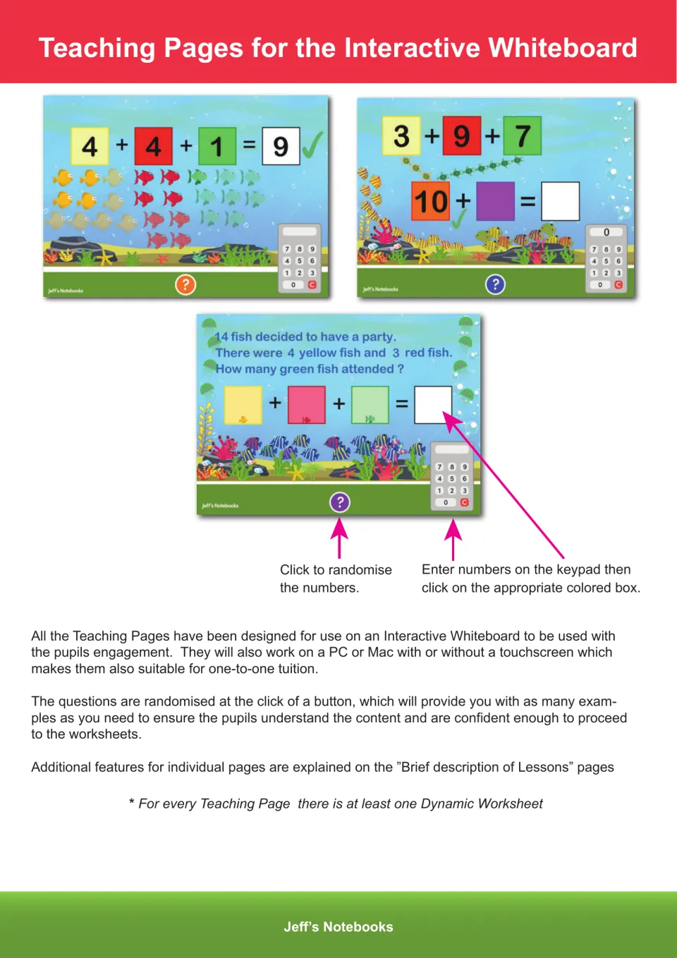 Teaching page instructions explain randomized addition questions, keypad entry, and interactive whiteboard use