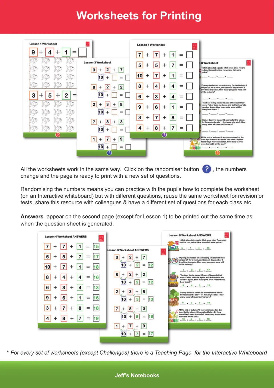 Printing instructions explain randomized worksheets and second-page answers for all lessons except Lesson 1