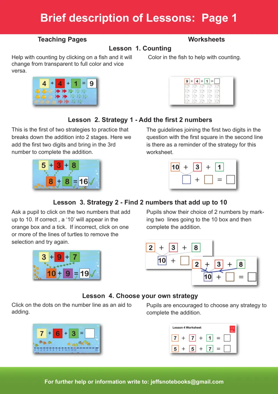 Lessons 1–4 guide covers counting fish, adding the first two numbers, making 10, and choosing a strategy
