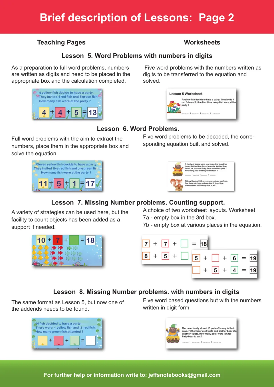Lessons 5–8 guide explains word problems using digits or number words and missing addends with counting support