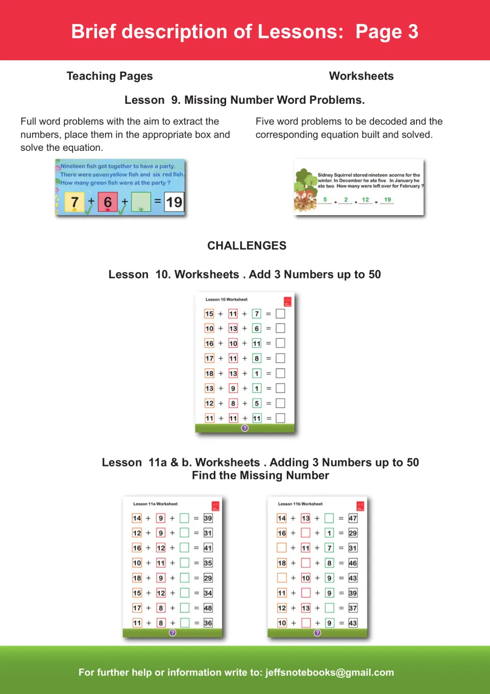Lessons 9–11 guide covers missing-number word problems and challenge worksheets for addition up to 50