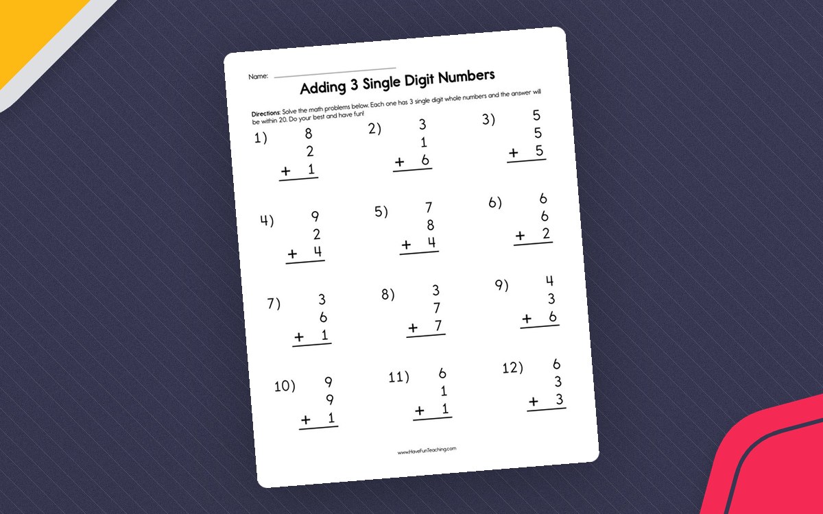 Adding three single-digit numbers worksheet with twelve vertical addition problems