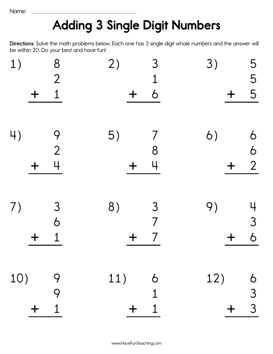 Adding three single-digit numbers: students solve 12 vertical problems such as 8 + 2 + 1, each with a sum within 20