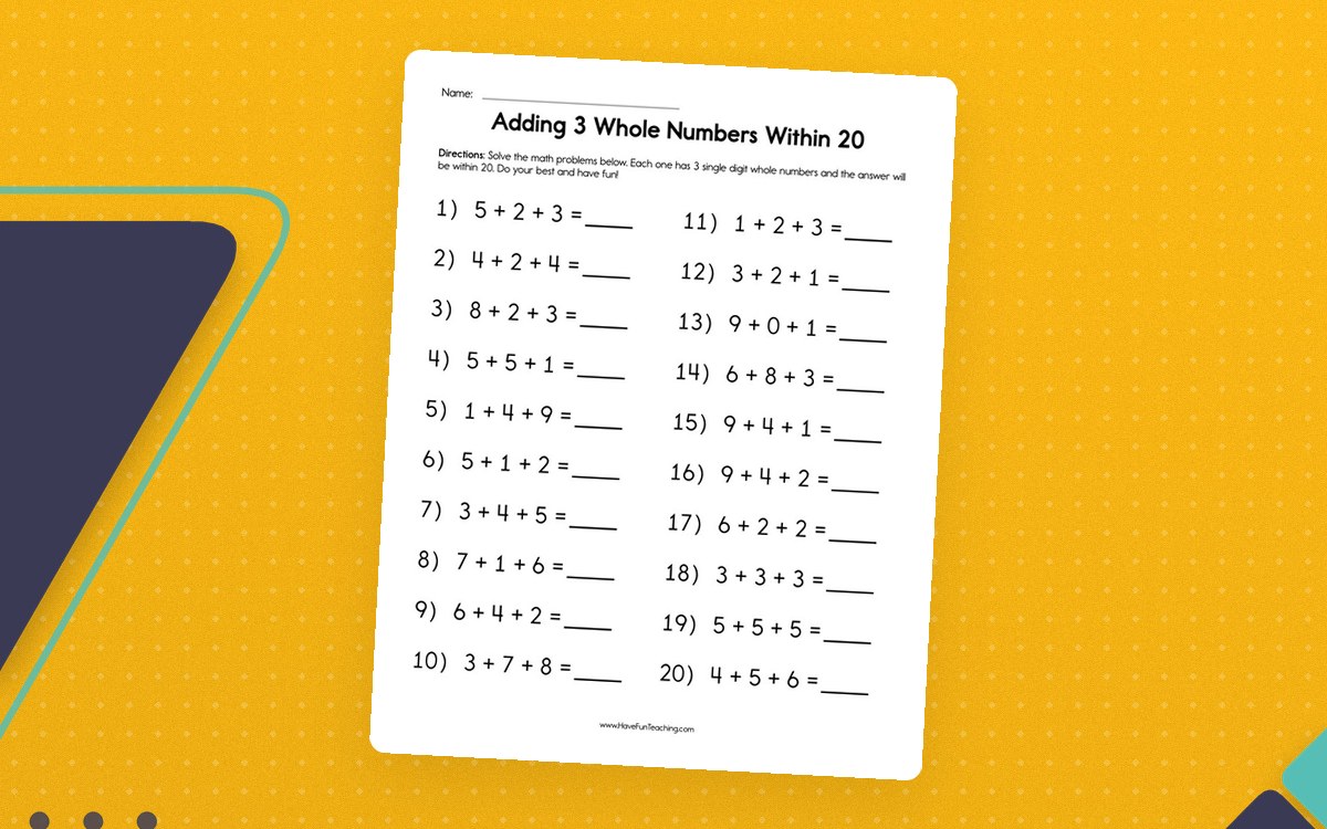 Adding 3 Whole Numbers within 20 Worksheet preview