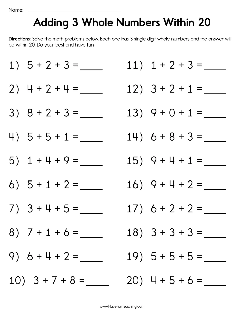 Three-addend addition: students solve 20 sums of three single-digit numbers, such as 5 + 2 + 3, with totals up to 20