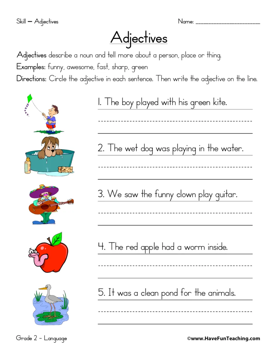 Identifying describing words: students circle the adjective in 5 picture sentences, such as green kite, then write it