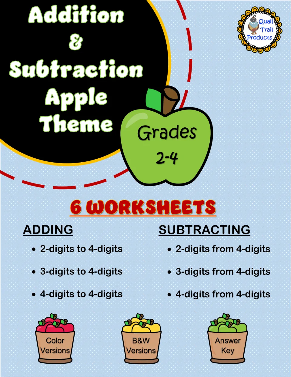 Cover for six apple-themed addition and subtraction worksheets for grades 2–4, with color and B&W versions