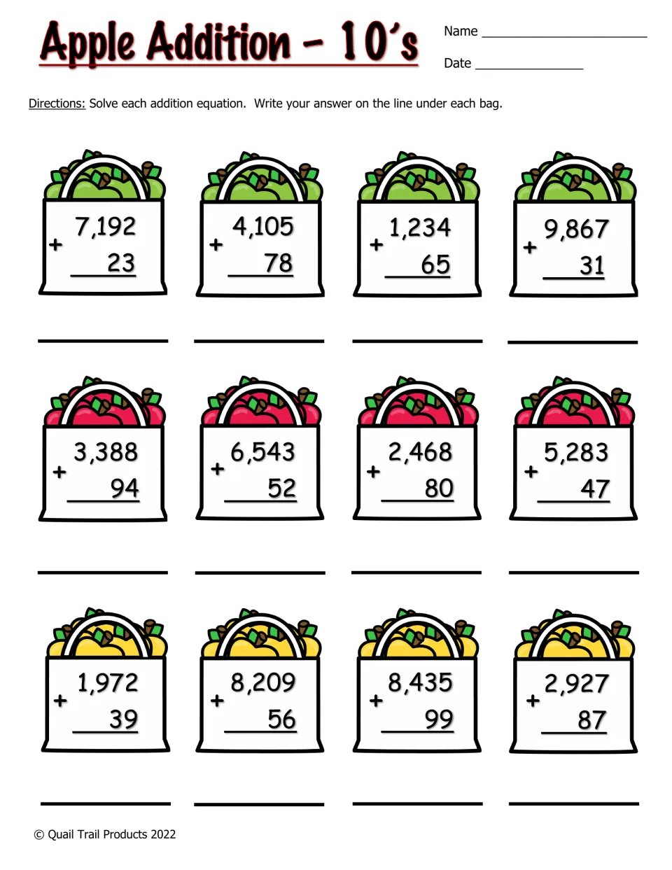 Color addition worksheet: 12 problems adding two-digit numbers to four-digit numbers, including 7,192 + 23