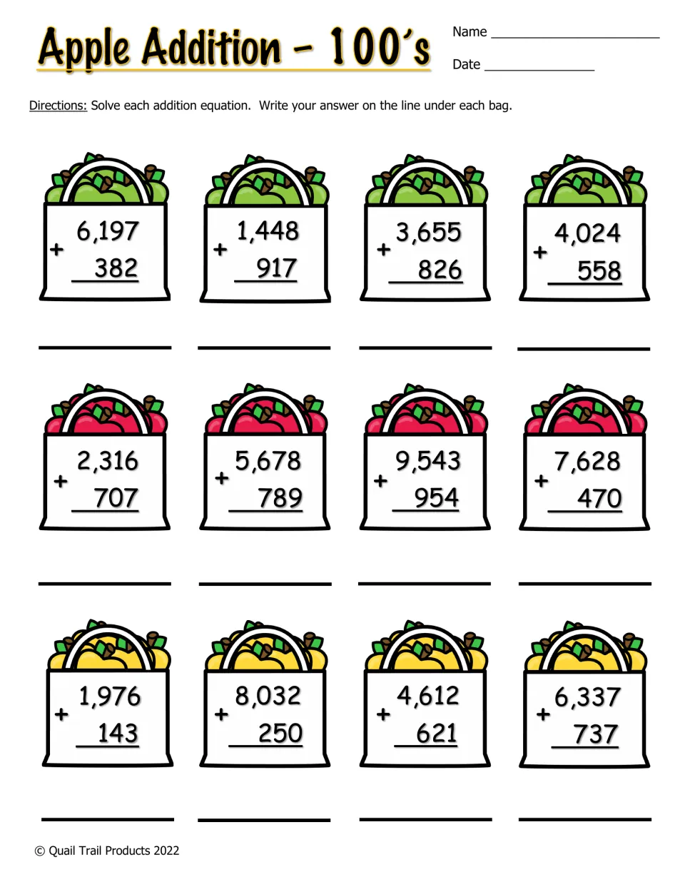 Color addition worksheet: 12 problems adding three-digit numbers to four-digit numbers, including 6,197 + 382