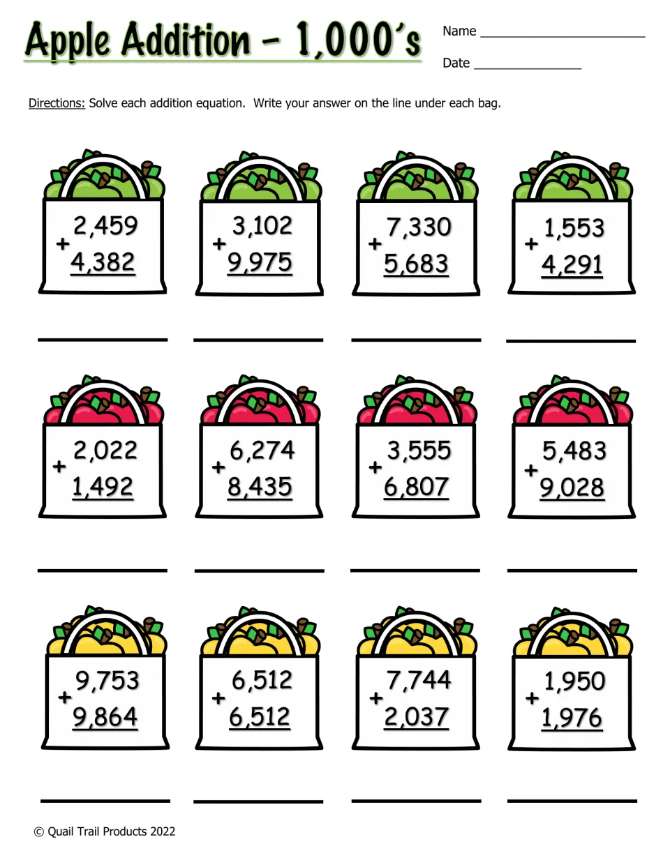 Color addition worksheet: 12 problems adding pairs of four-digit numbers, including 2,459 + 4,382