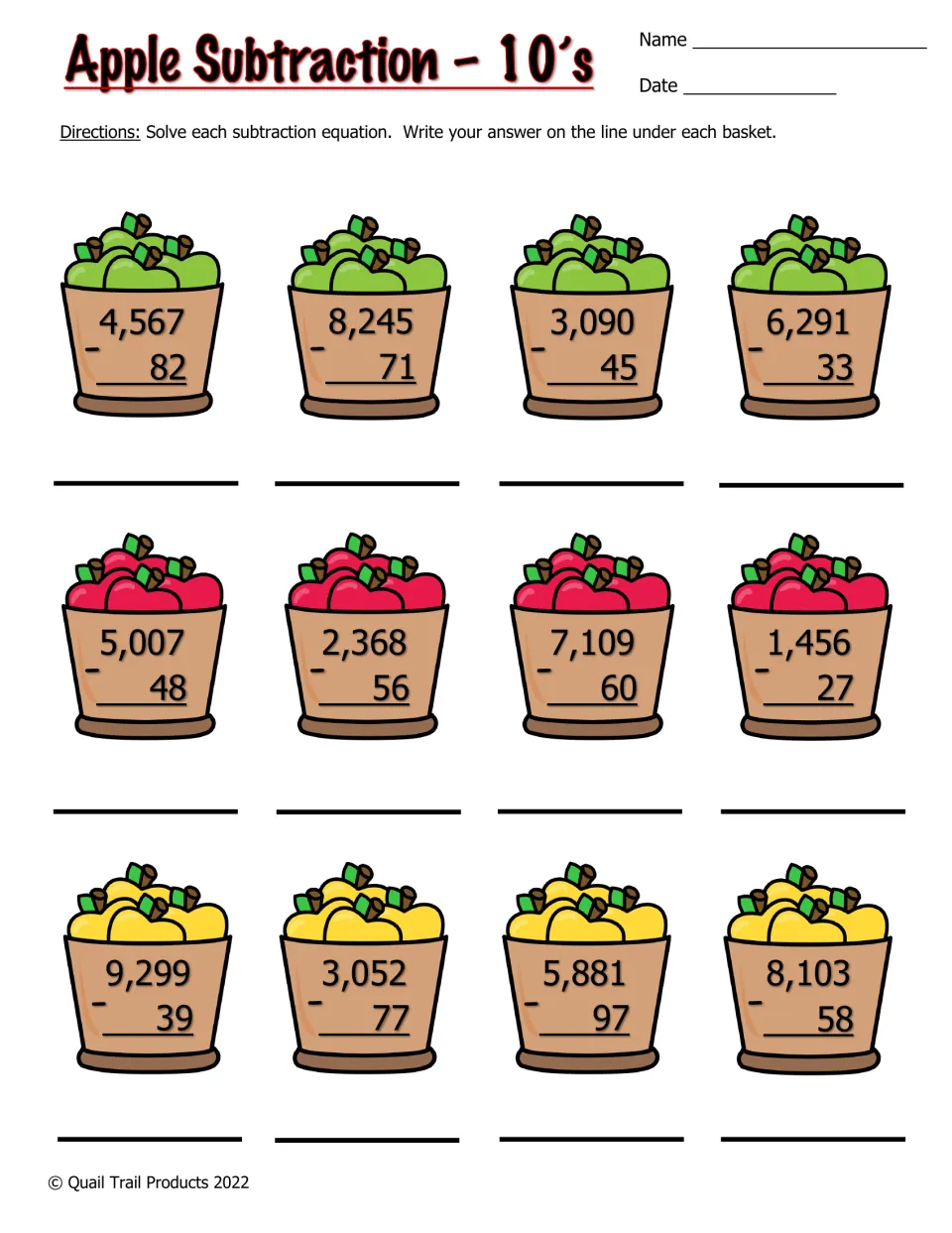 Color subtraction worksheet: 12 problems subtracting two-digit numbers from four-digit numbers, including 4,567 − 82
