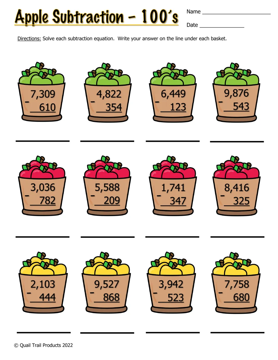 Color subtraction worksheet: 12 problems subtracting three-digit numbers from four-digit numbers
