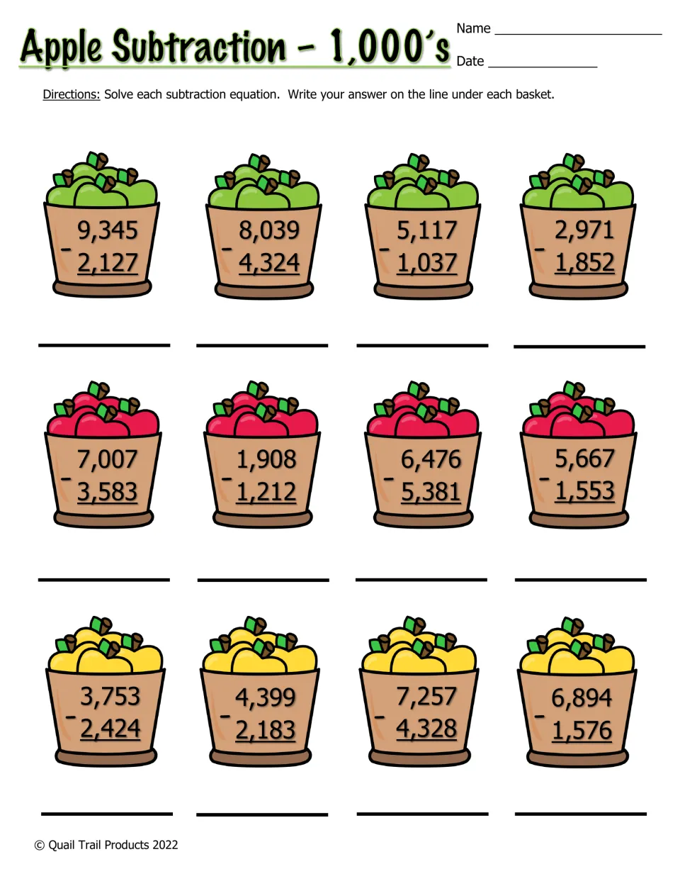 Color subtraction worksheet: 12 problems subtracting four-digit numbers, including 9,345 − 2,127
