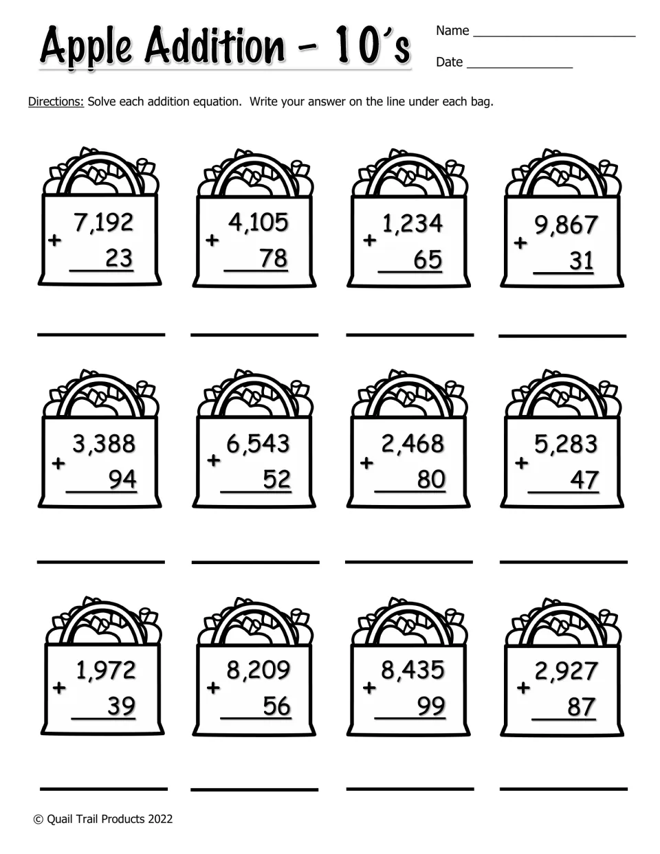 Black-and-white addition worksheet: 12 problems adding two-digit numbers to four-digit numbers